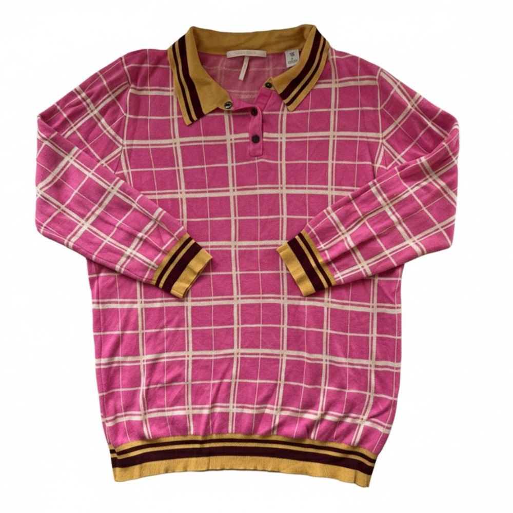 Scotch & Soda Maison Scotch Plaid Knit Polo Sweater Pink Yellow Size L